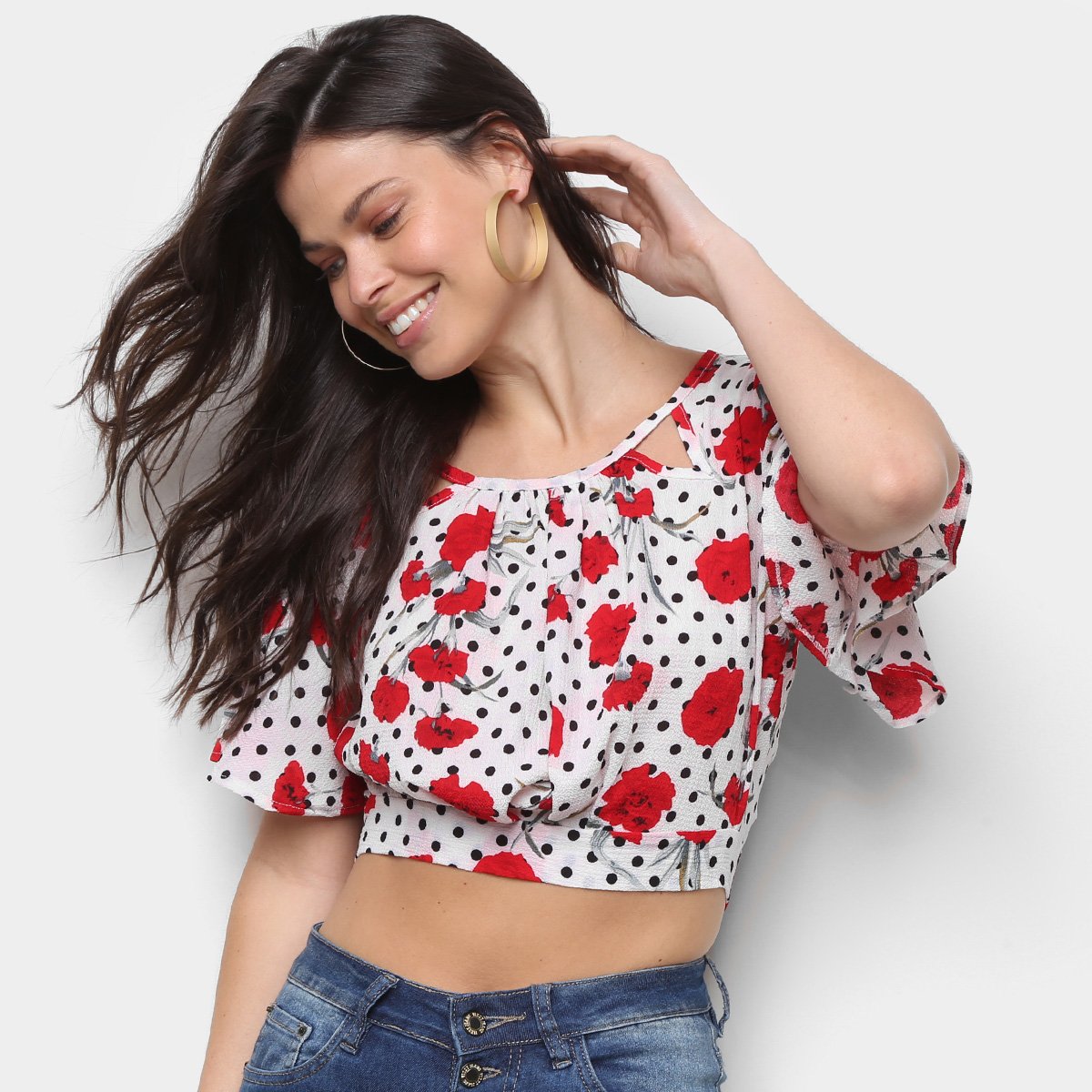 Blusa Sofia Fashion Cropped Amarração Poá Floral Feminina