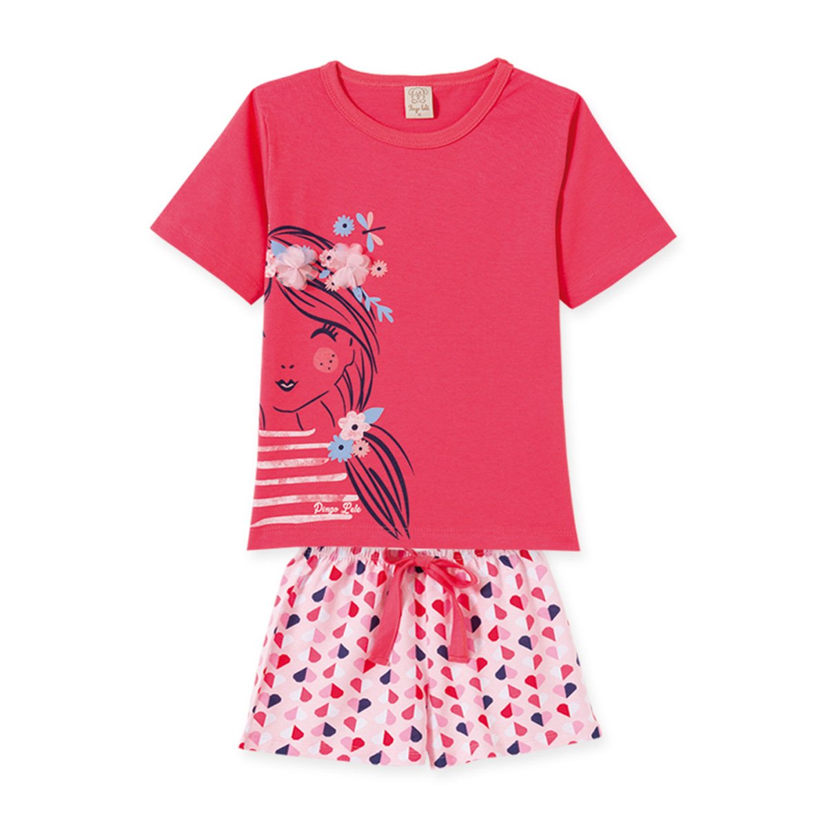 Pijama Bebê Pingo Lelê Short Doll Flores Corações Feminino