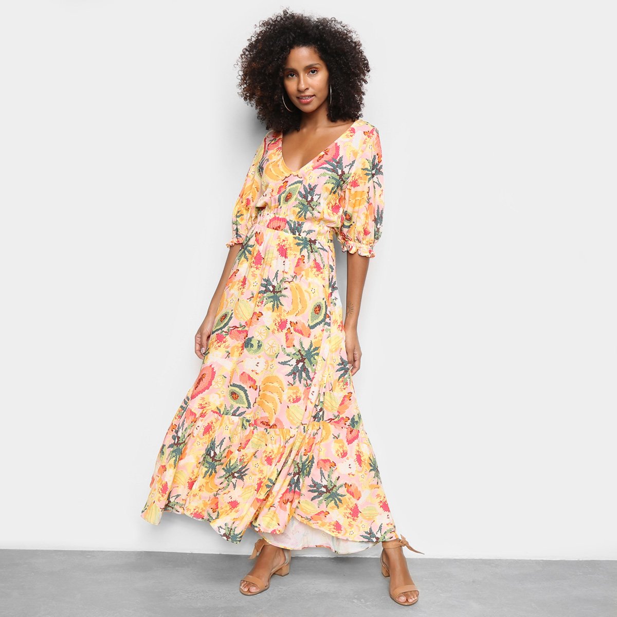 Vestido Farm Longo Frutadinha Manga 3/4