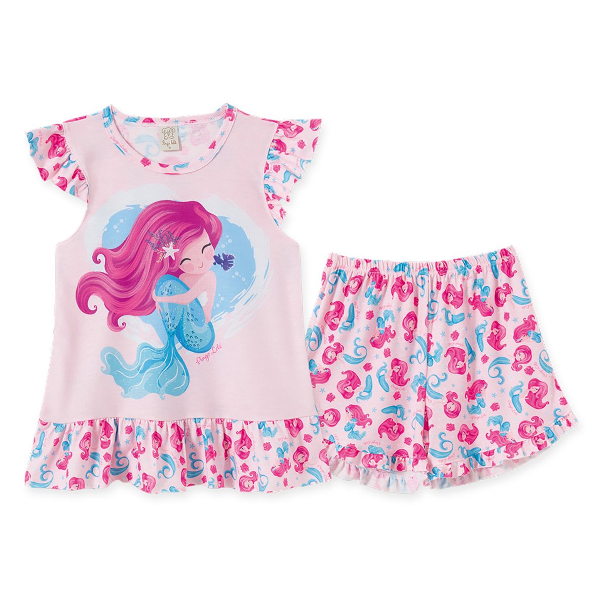 Pijama Juvenil Pingo Lelê Regata Sereia + Short Doll Babados Feminino