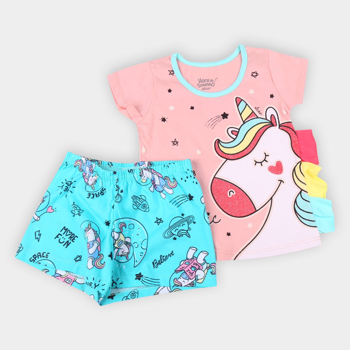 Pijama Infantil Elian Curto Unicórnio Brilha No Escuro Feminino
