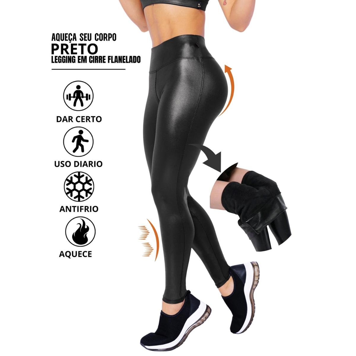 Calça Legging Feminina Flanelada em Cirrê Couro Fake Cintura