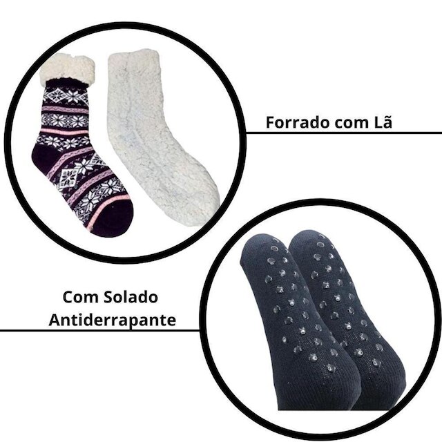 2 Meia Térmica Forrada Lã Adulto Antiderrapante Frio Unissex