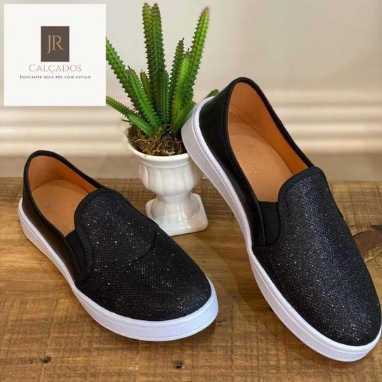 pares Sapato feminino slip on feminino preto brilho casual calce