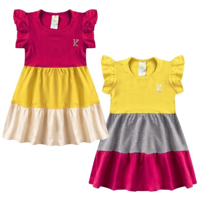 2 Vestido Verão Menina Rodado 3 Marias Roupa criança Infantil Algodão + Cotton Babado Frizado