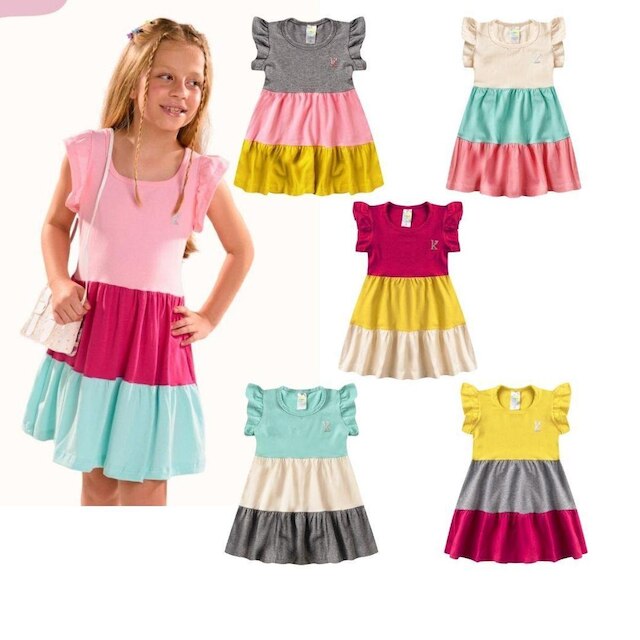 2 Vestido Verão Menina Rodado 3 Marias Roupa criança Infantil Algodão + Cotton Babado Frizado