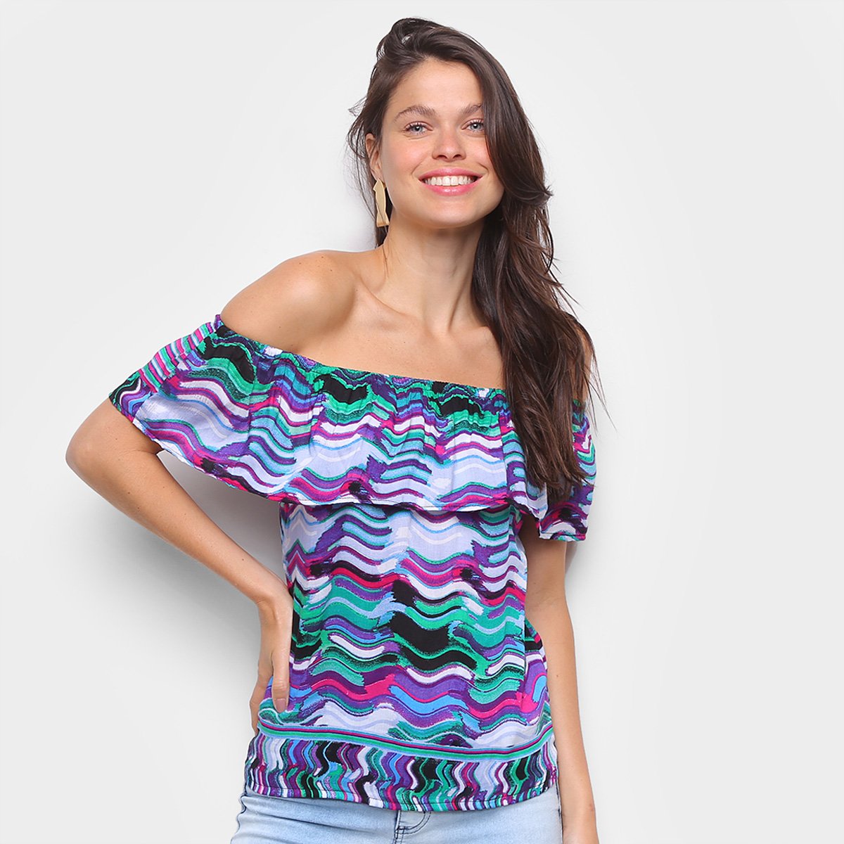 Blusa Água Viva Ombro a Ombro Estampada Feminina