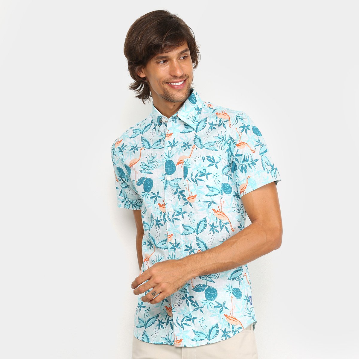 Camisa Manga Curta Izod Flamingos Floral Masculina