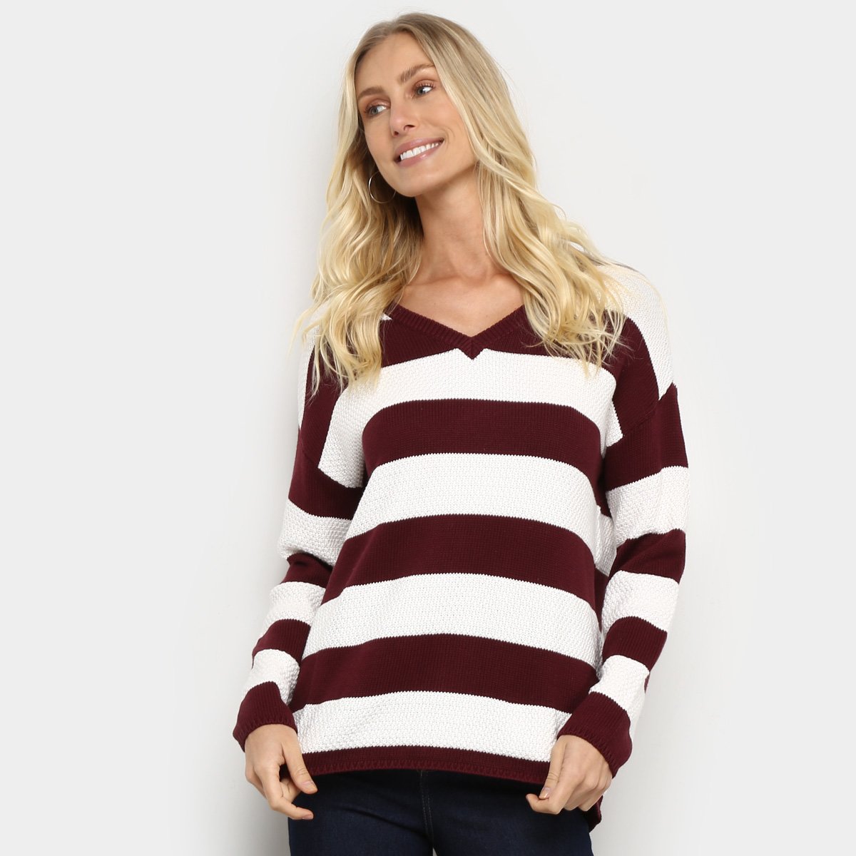 Blusão Tricô Hering Fio Tinto Listrado Alongado Feminino