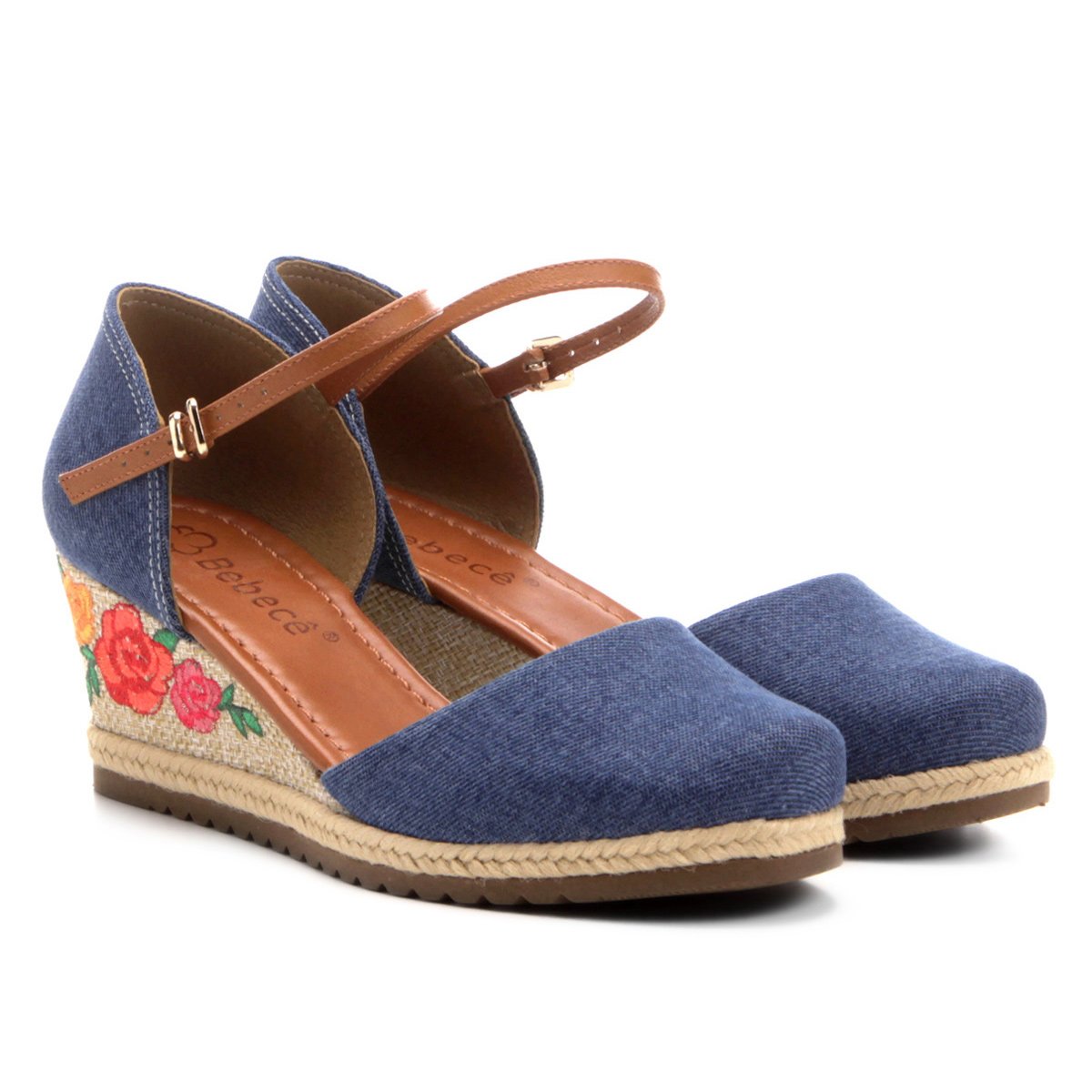 Sandália Anabela Bebecê Espadrille Bordada Jeans Feminina