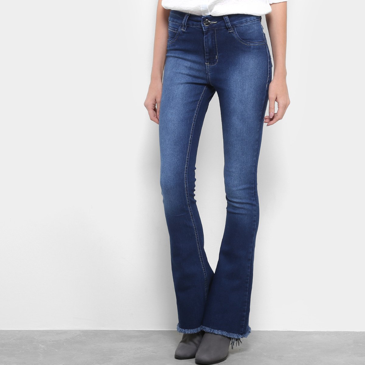 Calça Jeans Flare Coffee Destroyed Cintura Média Feminina