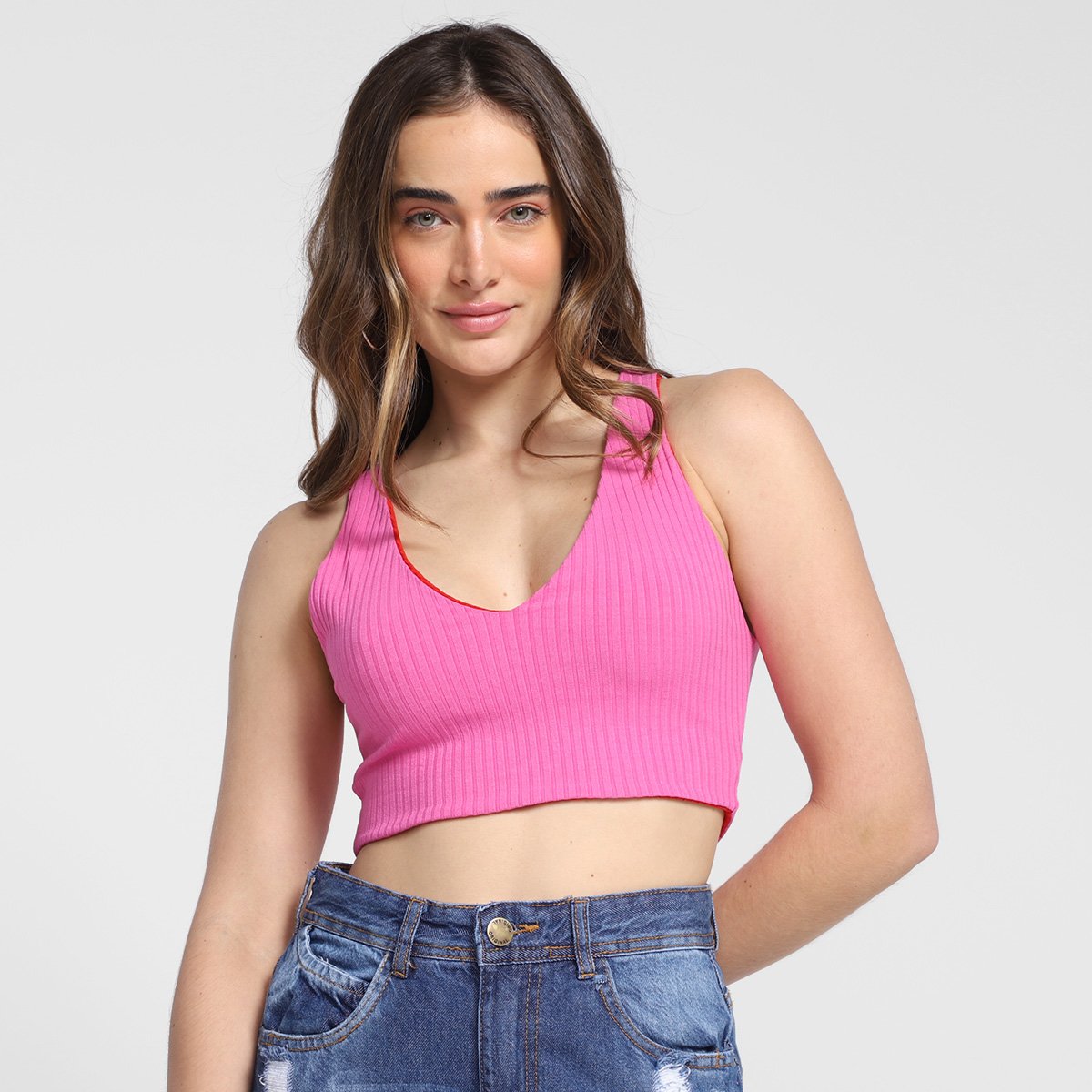 Top Canelado Farm Decote V Double Feminino