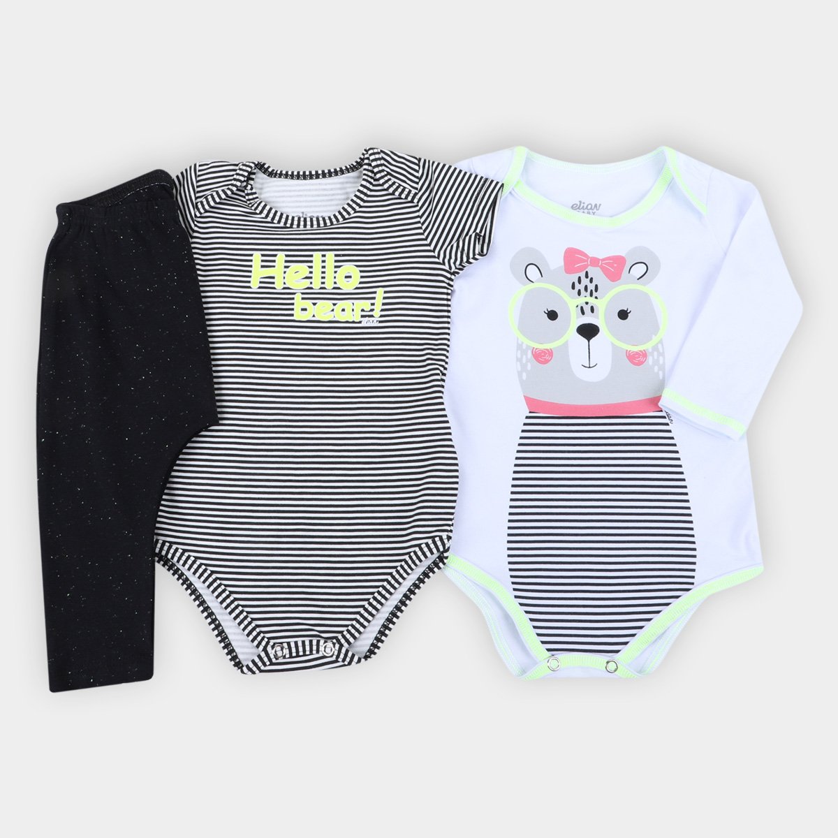 Kit Body Bebê Elian Ursinho Manga Longa 2 Peças