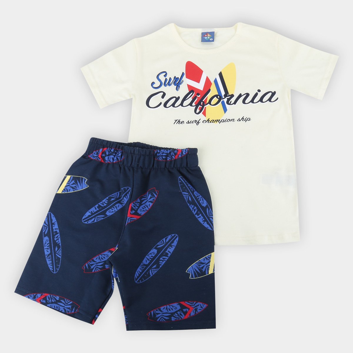 Conjunto Infantil Pipa Camiseta Surf California e Bermuda Moletinho Prancha Masculino