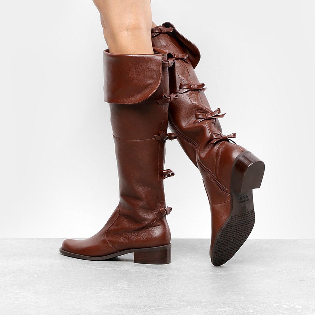 Bota Over The Knee Couro Luz da Lua Laços Feminina
