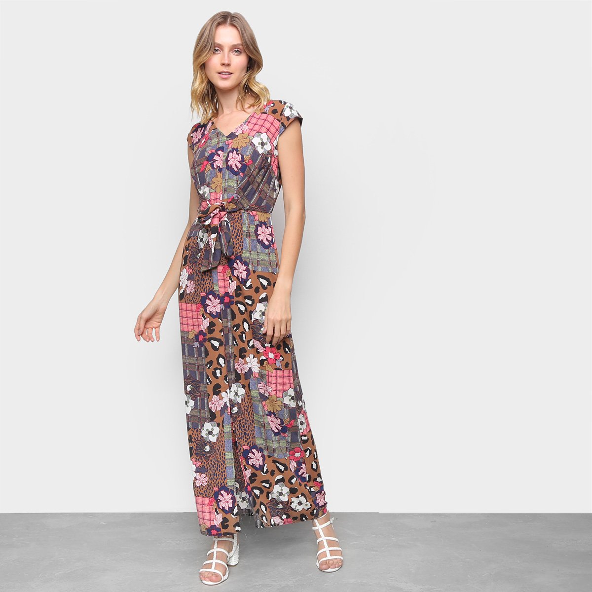 Vestido Top Moda Evasê Longo Animal Print Fenda