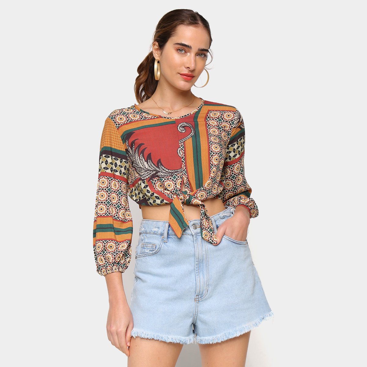Blusa Mercatto Estampada Manga 3/4 Amarração Feminina