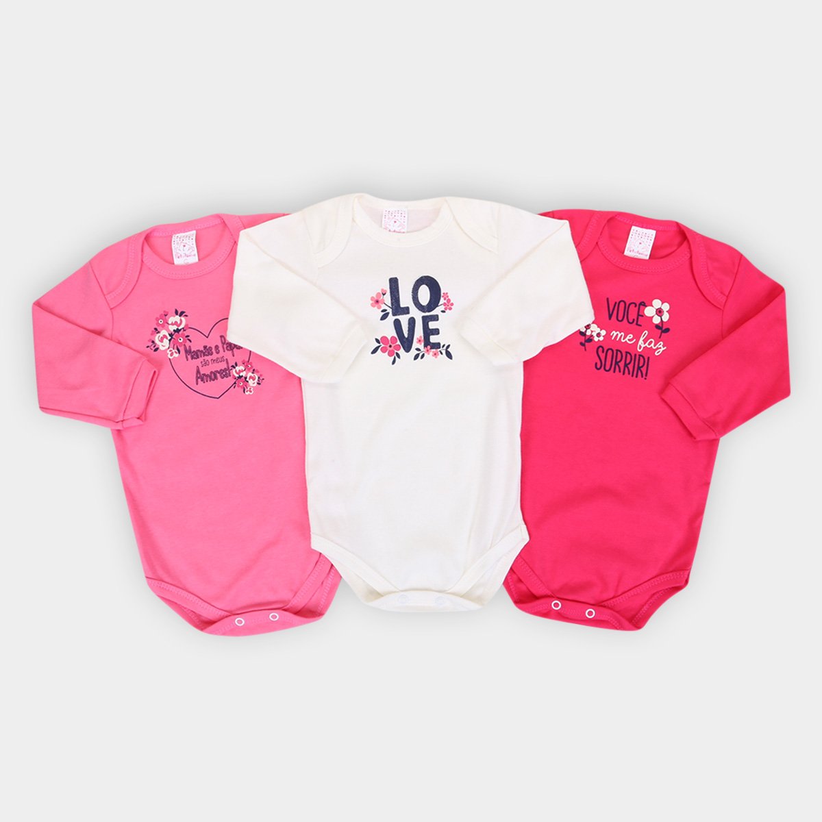 Kit Body Bebê Petutinha Manga Longa Florzinhas 3 Peças Feminino