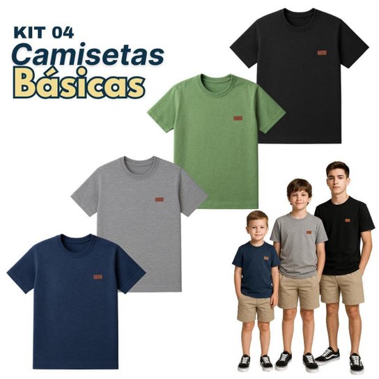 4 Camisetas Manga Curta Juvenil Menino Lisa Verão Roupa Infantil Masculina T-shirt Básica Criança