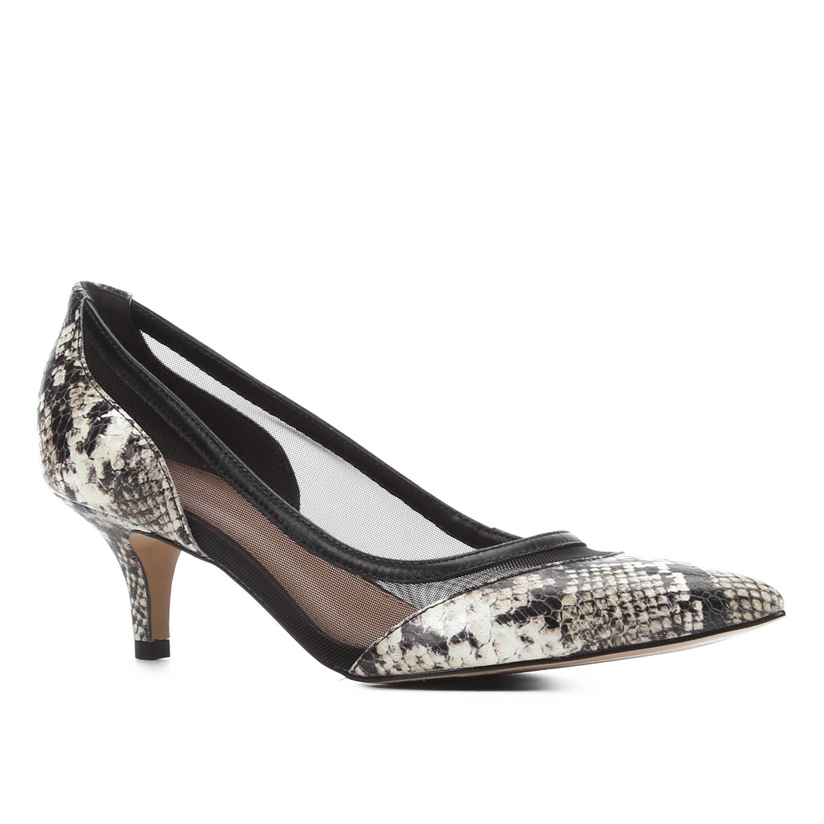 Scarpin Couro Shoestock Salto Baixo Bico Fino Cobra Telado
