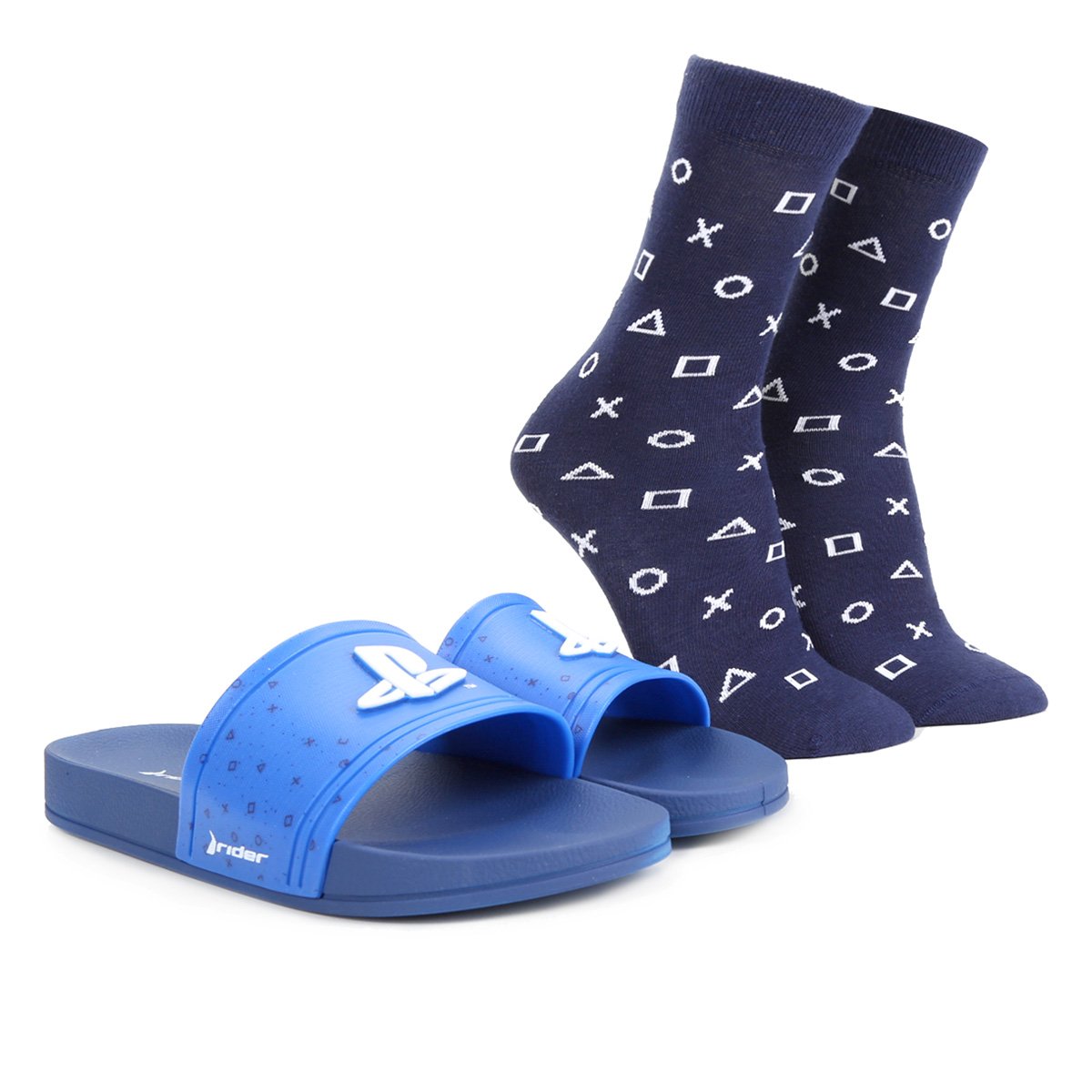 Kit Chinelo Slide Rider Playstation II AD + Meia Cano Médio Masculino