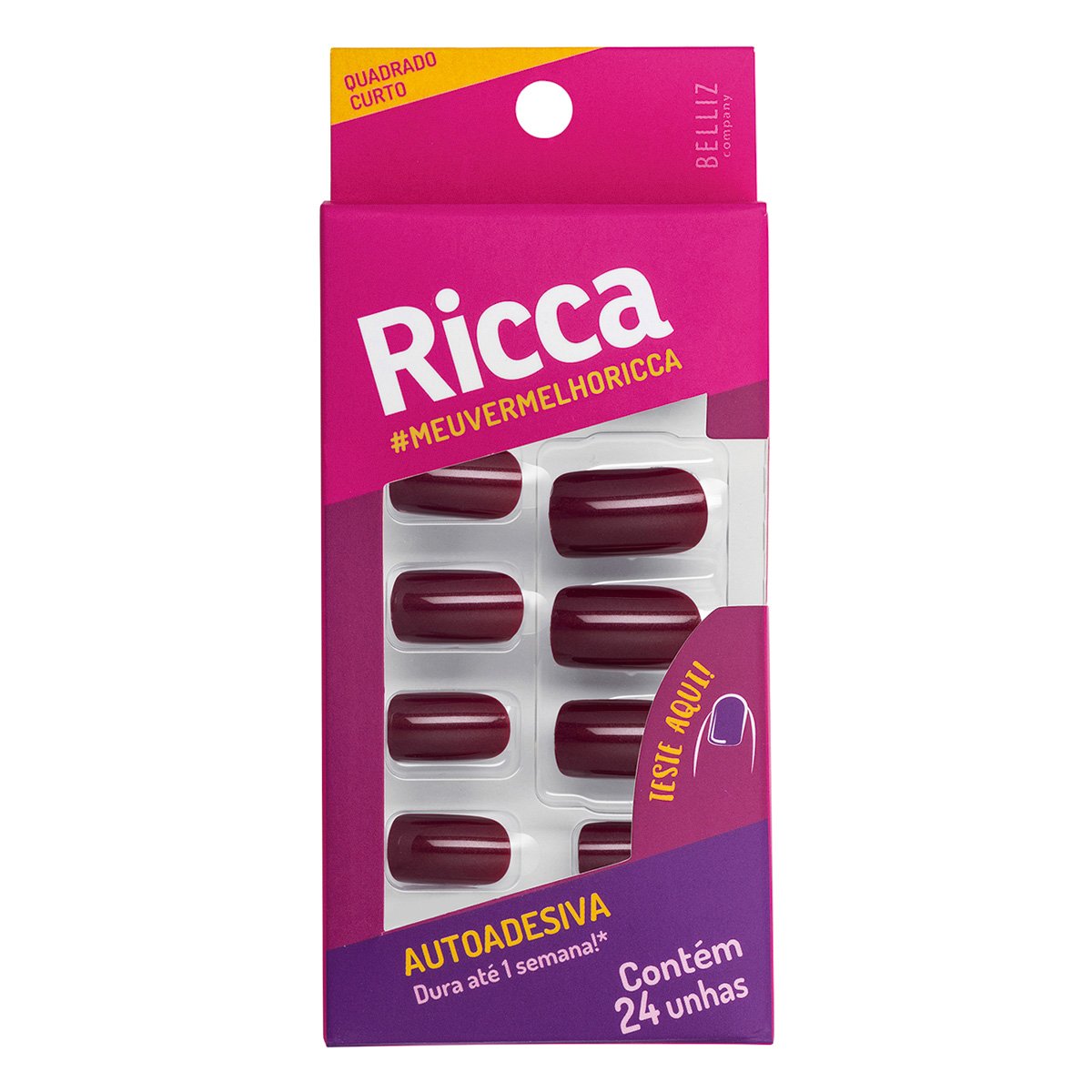 Unhas Postiças Ricca Autoadesivas cor Vermelho Seda