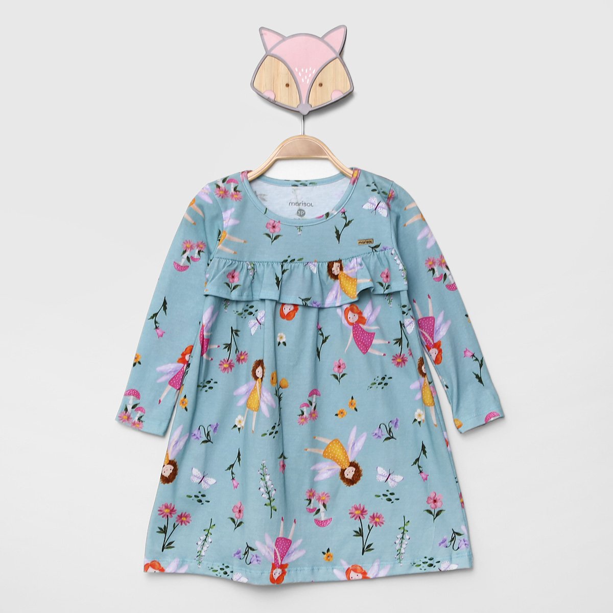 Vestido Bebê Marisol Manga Longa Estampado com Babado Fadas