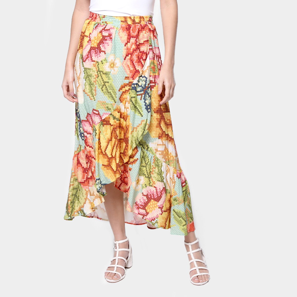 Saia Longa Farm Babado Ponto a Ponto Estampada Feminina