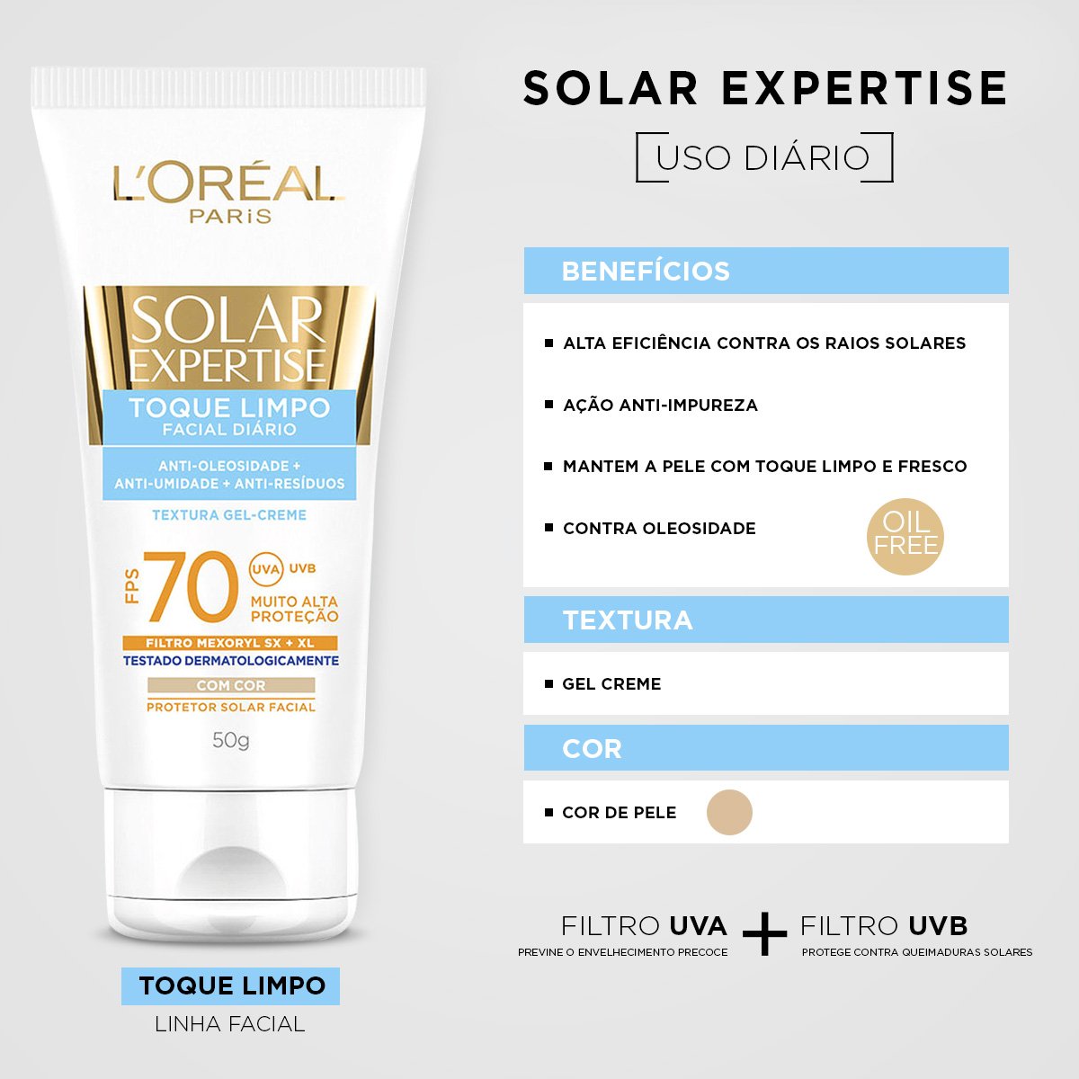 Protetor Corporal L'oréal Paris Solar Expertise Toque Limpo Com Cor Fps 70 50g