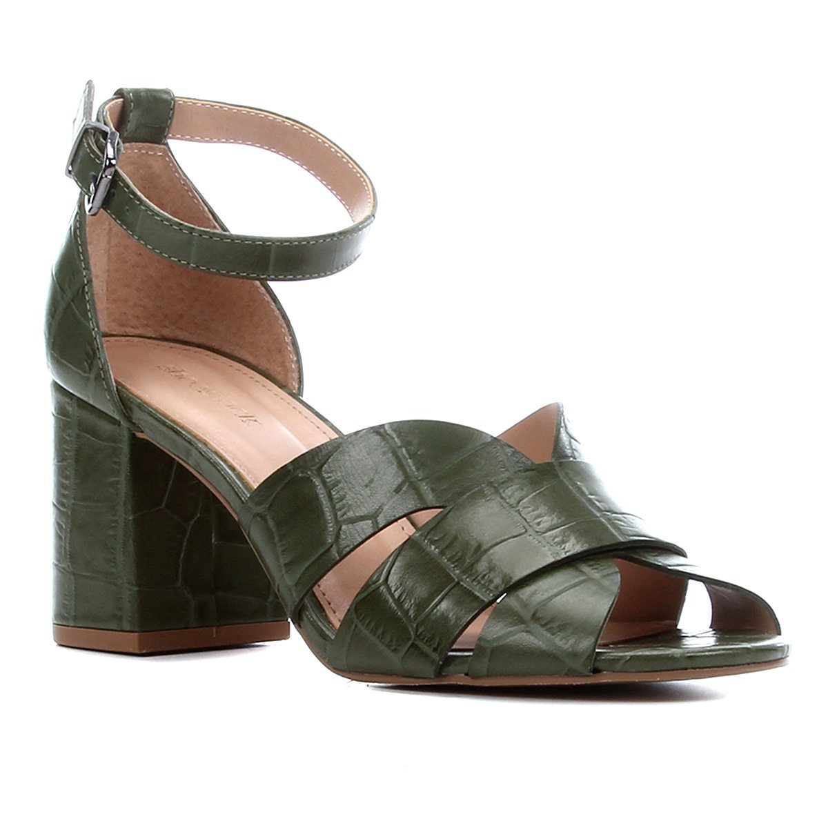 Sandália Couro Shoestock Croco Salto Bloco Médio Feminina