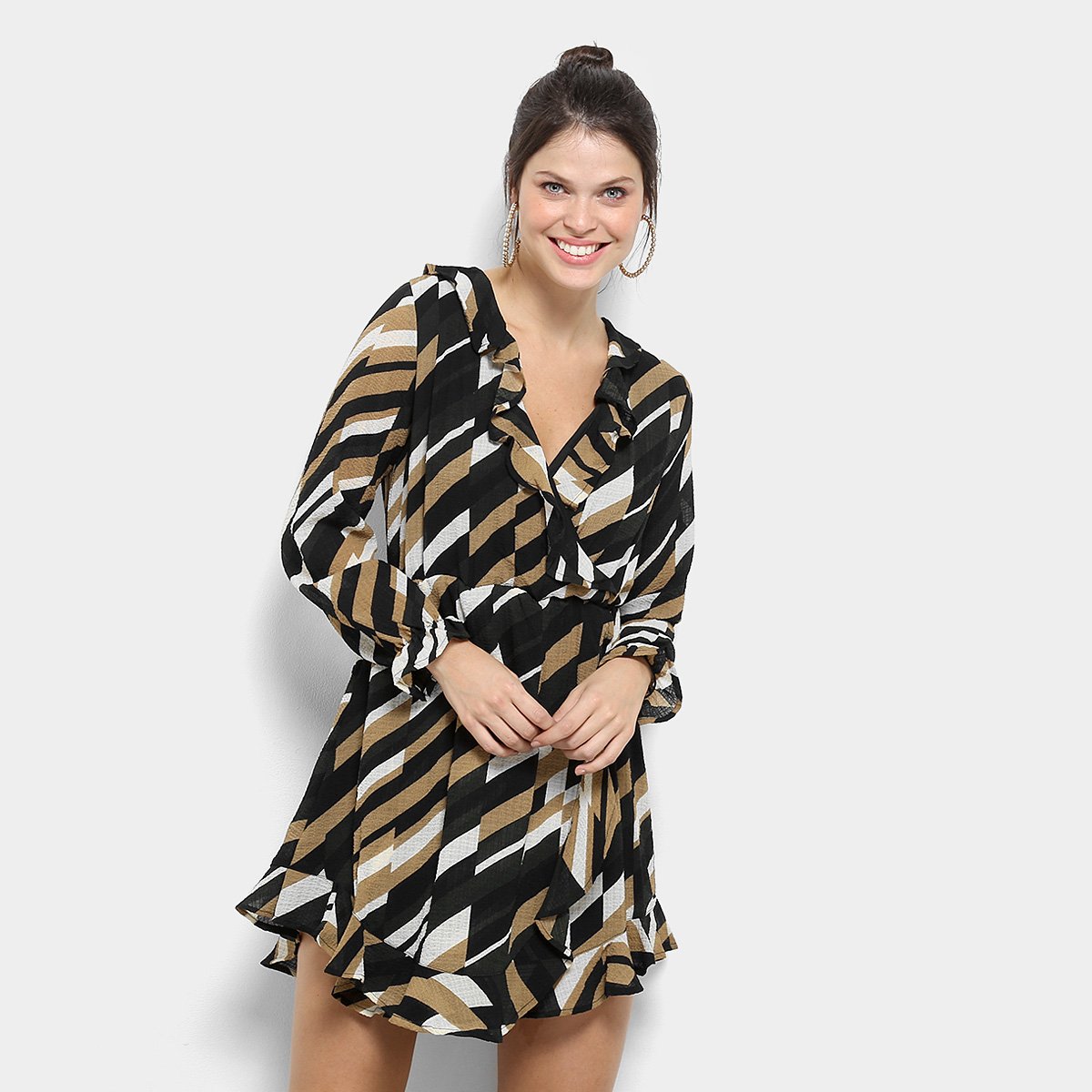 Vestido Holin Stone Evasê Curto Manga Longa Tricolor