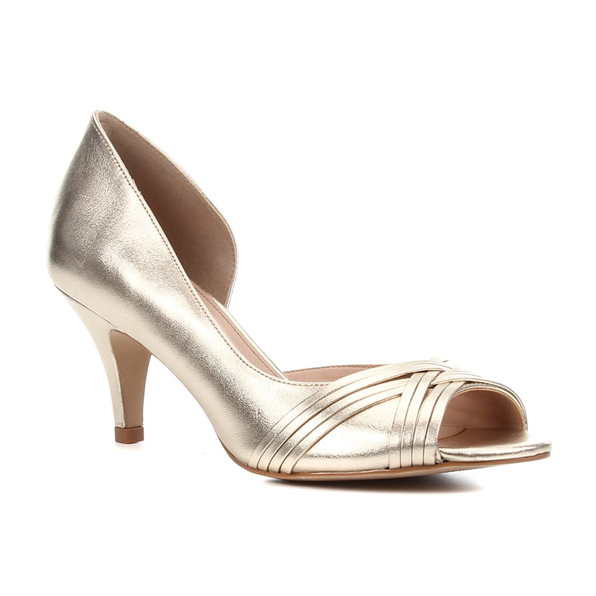 Peep Toe Couro Shoestock Metalizado Salto Médio Tiras