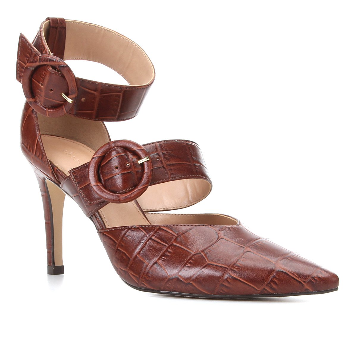 Scarpin Couro Shoestock Salto Alto Croco Tira Removível
