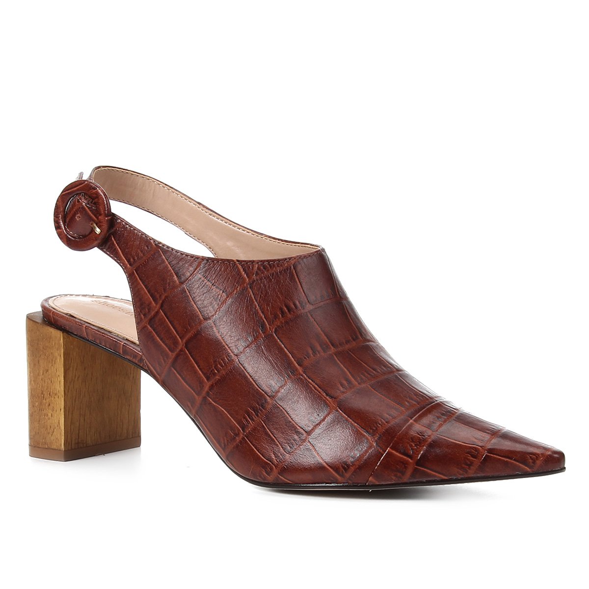 Ankle Boot Couro Shoestock Bico Fino Croco Fivela Salto Madeira