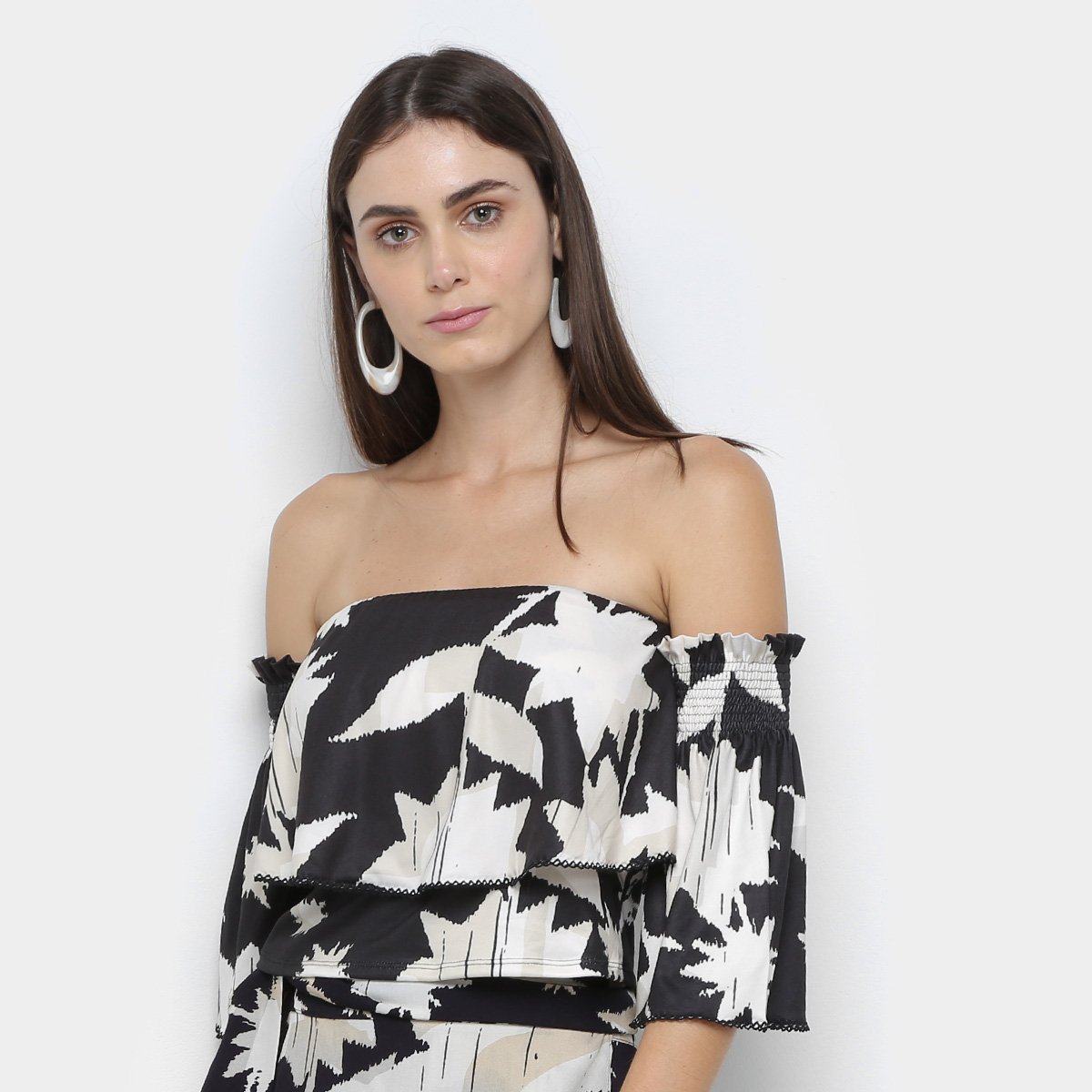 Blusa Morena Rosa Cropped Tropical Ombro A Ombro Feminina