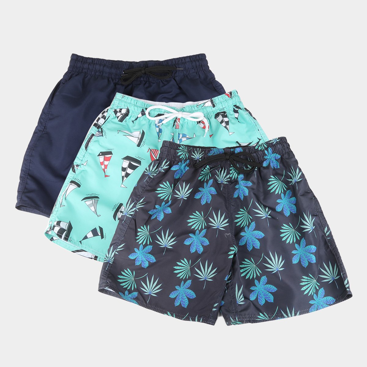 Kit Short Wall Barco e Folhagens Masculino c/ 3 Peças