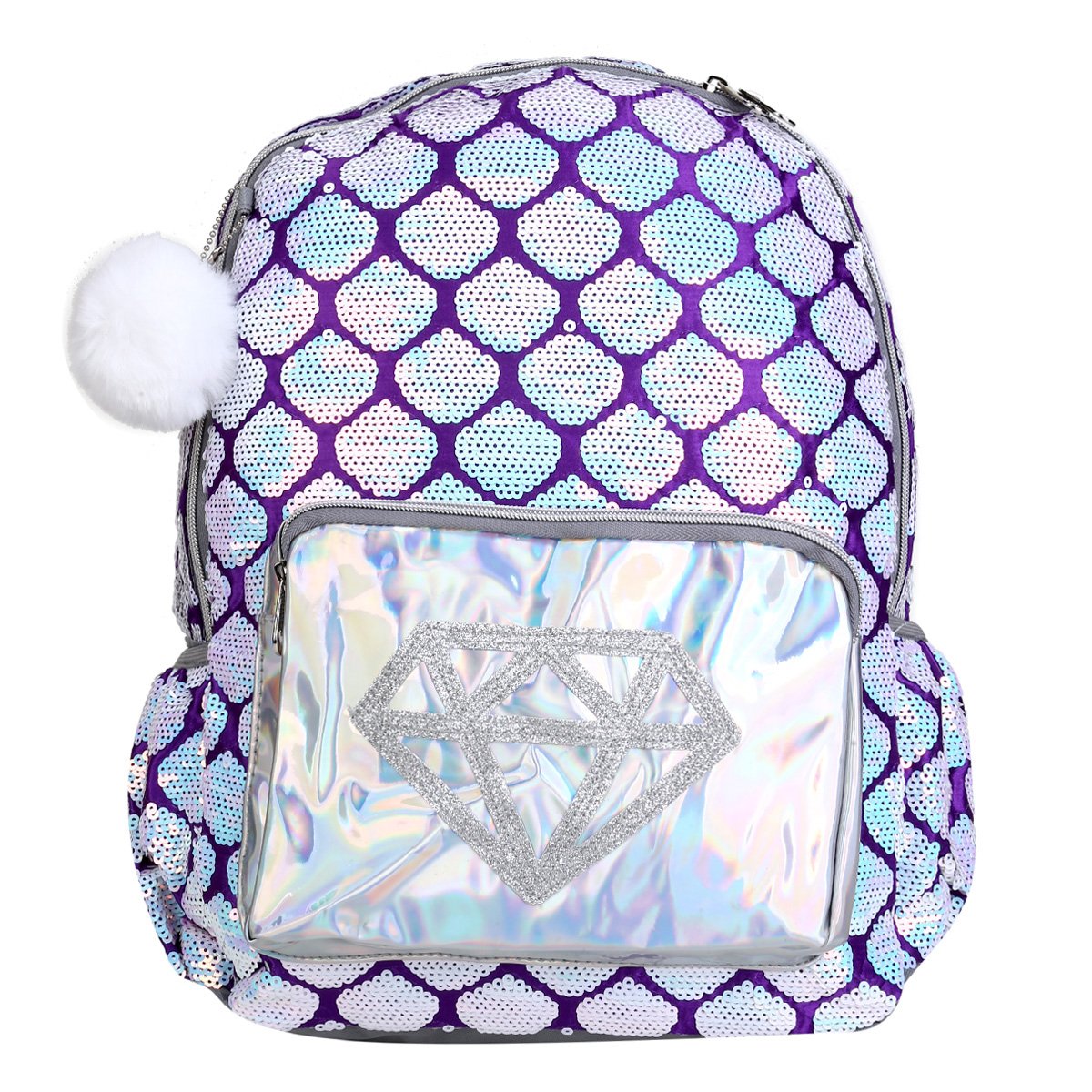 Mochila Clio Paetês Holográfica Chaveiro Pompom