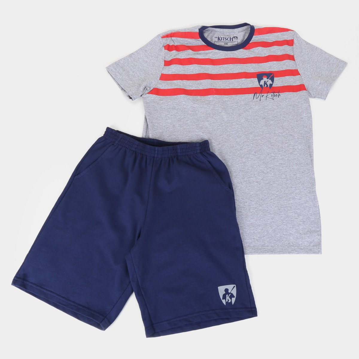 Conjunto Juvenil MR. Kitsch Camiseta Faixas + Short Liso Masculino