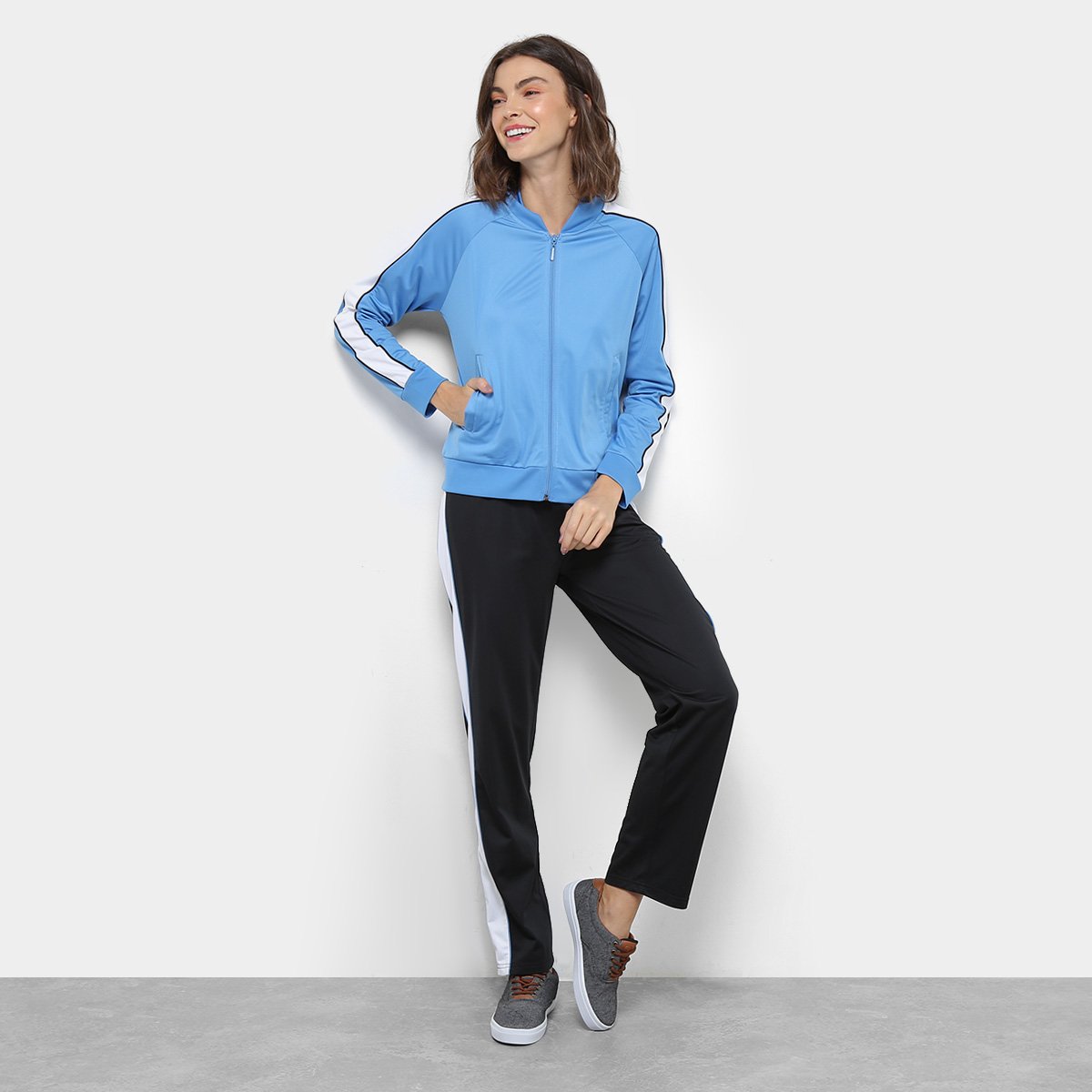 Agasalho Burn Helanca Listra Lateral Feminino - Azul Menor preço em Agasalho Burn Helanca Listra Lateral Feminino - Azul