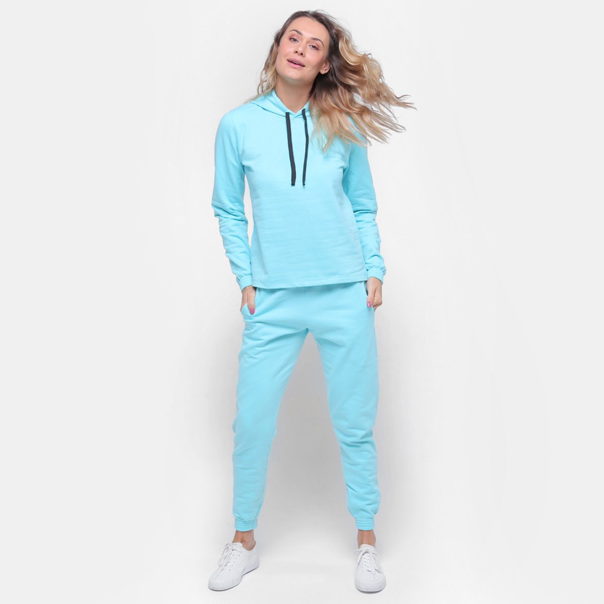 Agasalho Moletom Básico Liso Feminino - Azul Menor preço em Agasalho Moletom Básico Liso Feminino - Azul