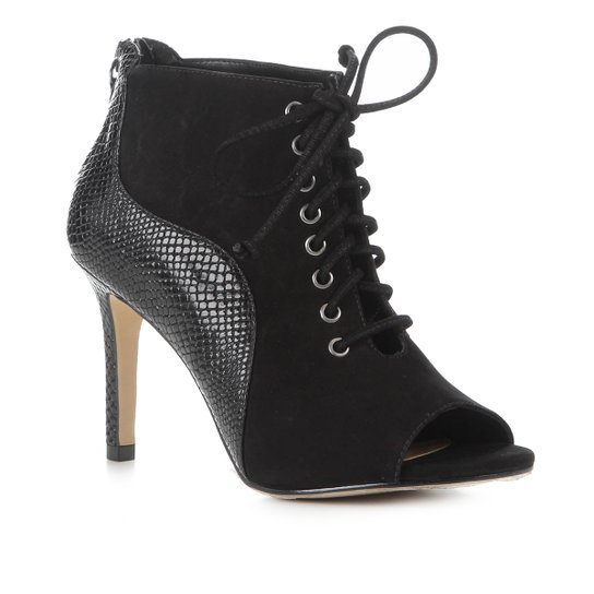 Ankle Boot Couro Shoestock Salto Fino Snake Feminina - Preto