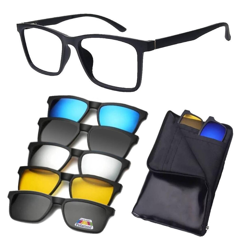 Armação De Óculos Masculino + 5 Clip On Óculos De Sol Troca Lentes 6 Em 1 Proteção UV Polarizado