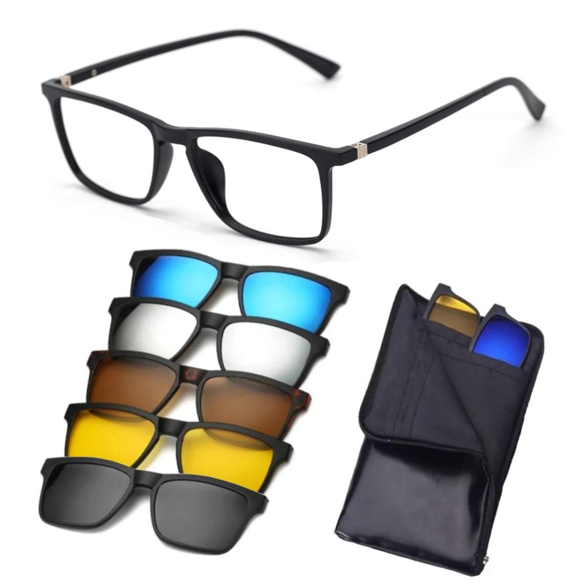 Armação de Oculos Masculino Para Grau + 5 Clip On Troca Lentes de Sol Polarizado Proteção 100% Uv Menor preço em Armação de Oculos Masculino Para Grau + 5 Clip On Troca Lentes de Sol Polarizado Proteção 100% Uv