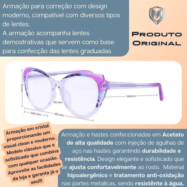 Armação para Óculos Feminino Gateado Oval Cristal Lilás Mackage