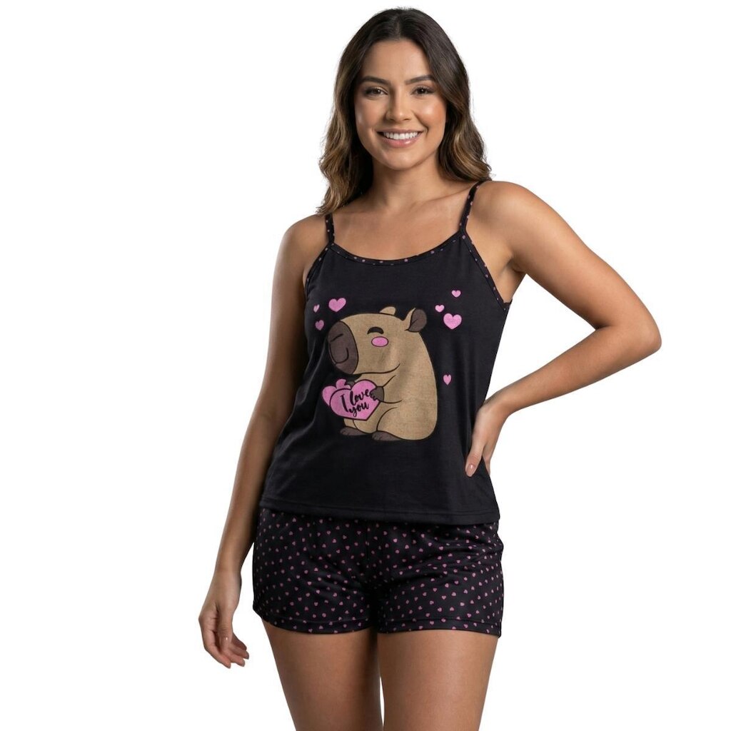 Baby Doll Curto Capivara Serra e Mar Modas Alcinha Pijama de Roupa Para Dormir Linha Noite Feminina