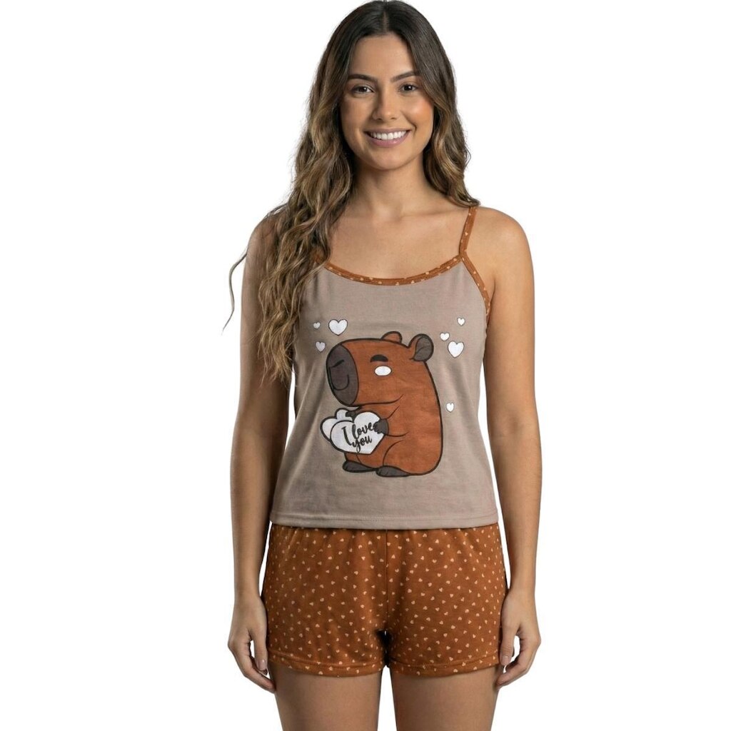 Baby Doll Curto Capivara Serra e Mar Modas Alcinha Pijama de Roupa Para Dormir Linha Noite Feminina