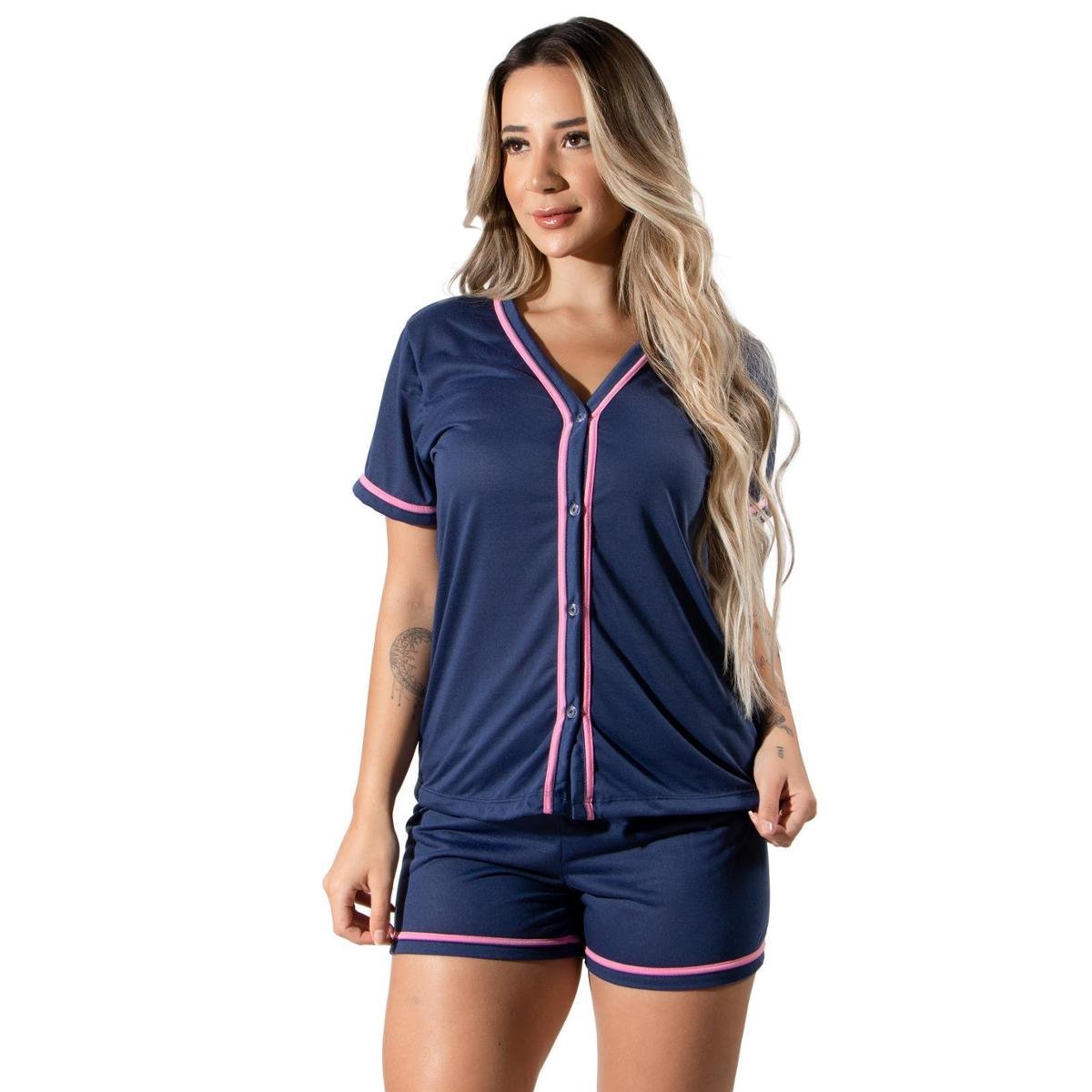 Baby Doll Feminino Aberto Amamentação de Botão Pijama Americano Blogueira - Marinho Menor preço em Baby Doll Feminino Aberto Amamentação de Botão Pijama Americano Blogueira - Marinho