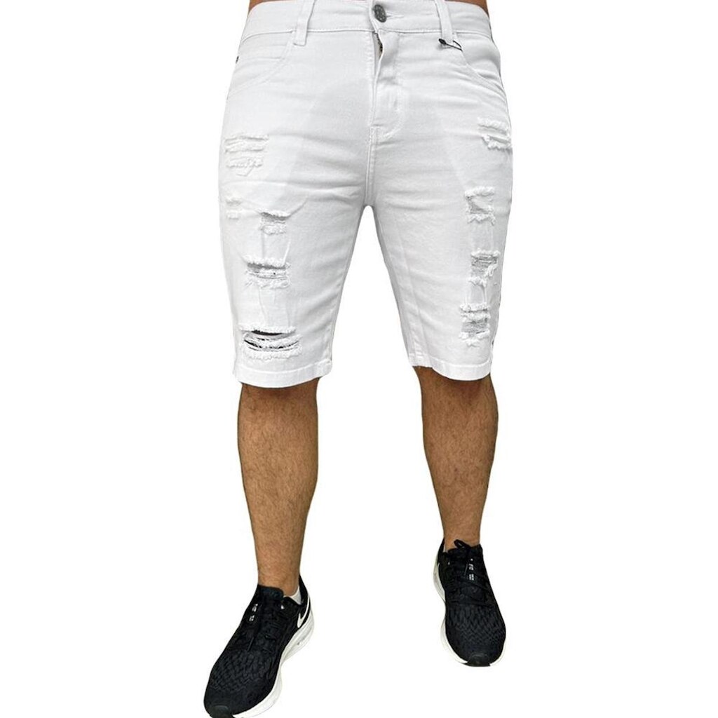 Bermuda Branca Destroyed Slim Skinny Masculina Premium