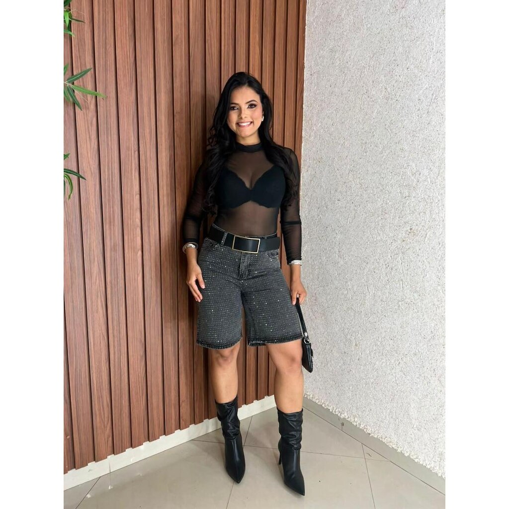 Bermuda Feminina Jeans Com Strass Top Chame