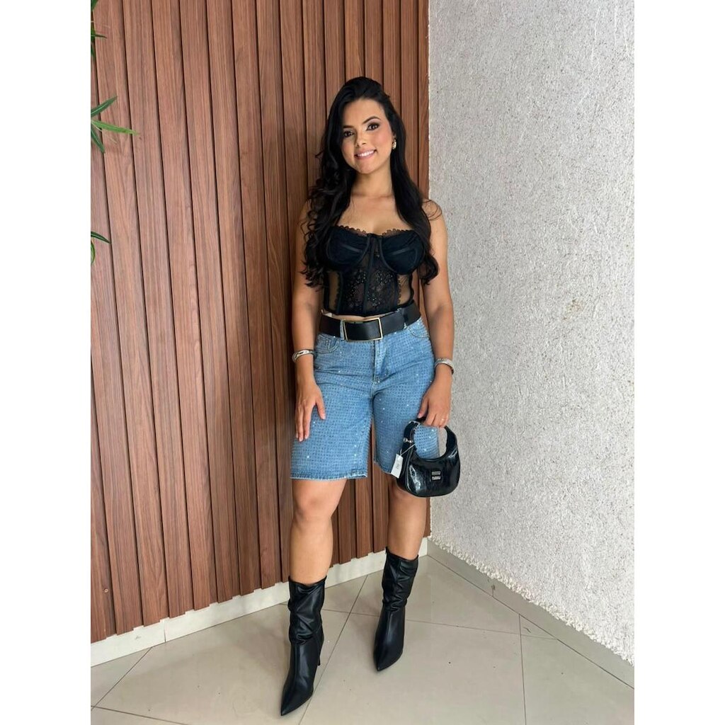 Bermuda Feminina Jeans Com Strass Top Chame
